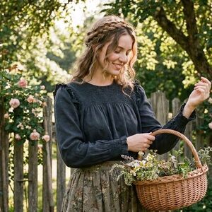 Madewell Cottagecore Smocked Ruffle Top in Washed Black 100% Cotton - Size M